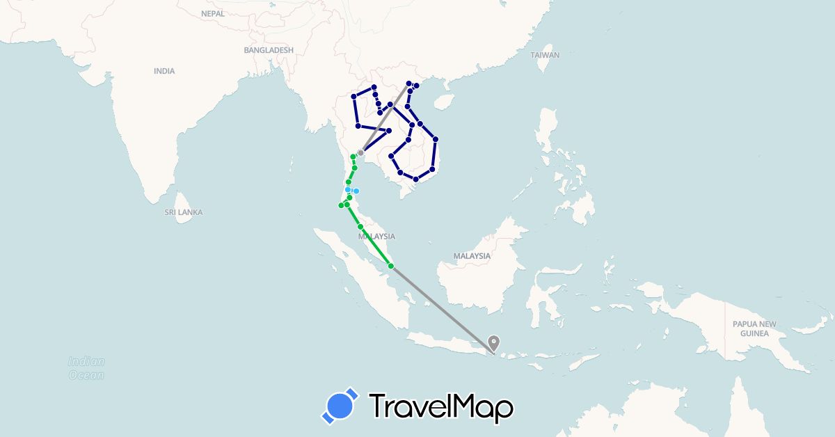 TravelMap itinerary: driving, bus, plane, boat in France, Indonesia, Cambodia, Laos, Malaysia, Singapore, Thailand, Vietnam (Asia, Europe)