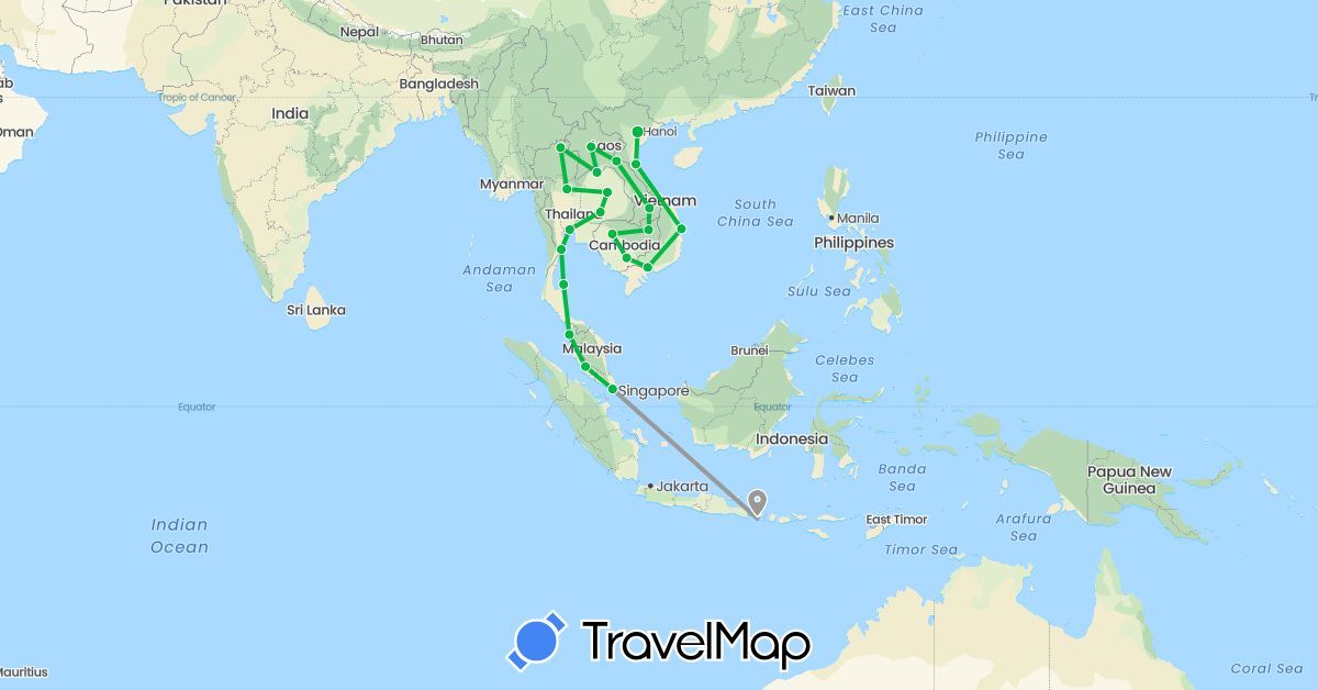 TravelMap itinerary: driving, bus, plane in Indonesia, Cambodia, Laos, Malaysia, Singapore, Thailand, Vietnam (Asia)