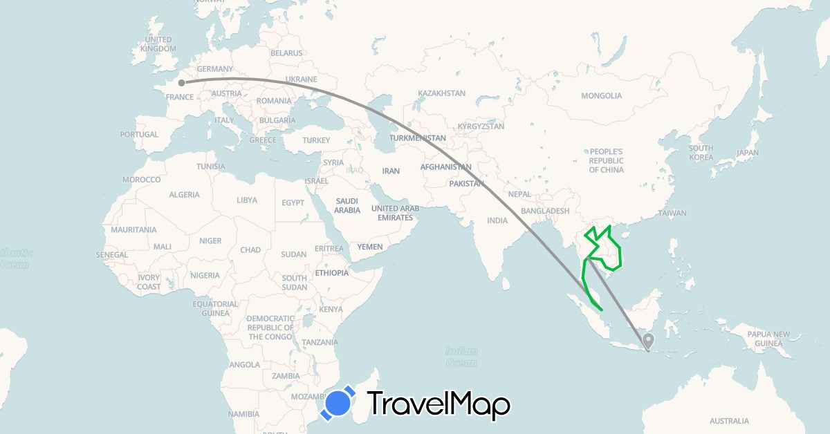 TravelMap itinerary: bus, plane in France, Indonesia, Cambodia, Laos, Malaysia, Singapore, Thailand, Vietnam (Asia, Europe)